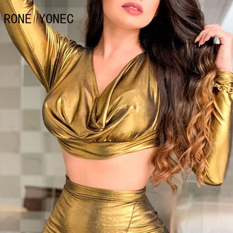 Women Chic Solid Mesh Patchwork Long Sleeves Crop Top French Style Bodycon Sexy Skirt Sets