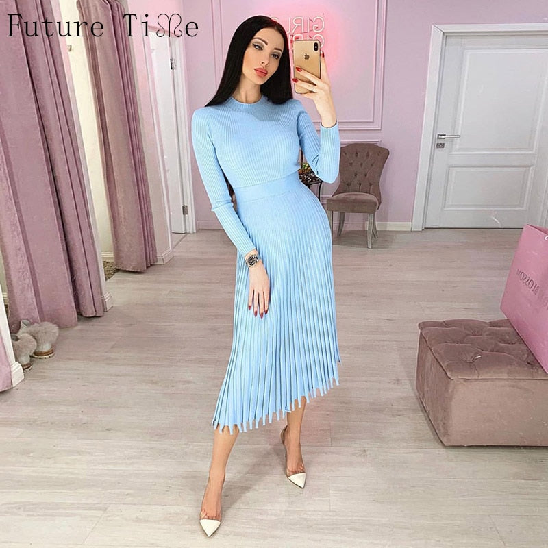 Future Time Women Knitted Long Dress Autumn Winter Slim Sleeve Ladies Dresses Elegant Party Female Sweater Bodycon Dress F792