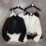 High Quality Autumn 2023 Women&#39;S Diamond Tassel 2 Two-Piece Set Sexy Short Coat + Spaghetti Strap Dress Elegant Party Set