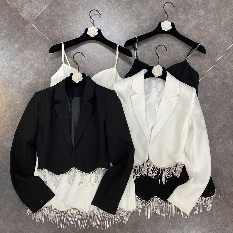 High Quality Autumn 2023 Women&#39;S Diamond Tassel 2 Two-Piece Set Sexy Short Coat + Spaghetti Strap Dress Elegant Party Set