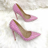 Heelgoo Shiny Spikes Women Patent Pink Pointy Toe Sexy High Heel Party Shoes Rivets Studs Ladies Slip On Stiletto Pumps 8-12cm