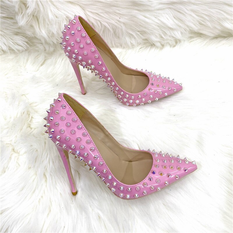 Heelgoo Shiny Spikes Women Patent Pink Pointy Toe Sexy High Heel Party Shoes Rivets Studs Ladies Slip On Stiletto Pumps 8-12cm