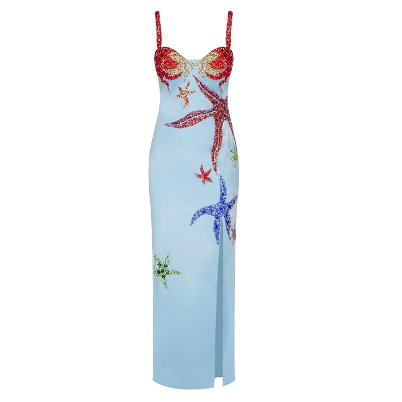 PB Stylish High Waist Starfish Beads Satin Slip Long Dress Sexy Square Collar Sleeveless Celebrity Party Club Evening Dresses