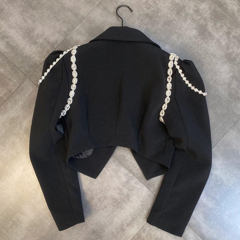 PREPOMP 2022 Fall Winter Long Sleeve Diamonds Chain Padded Shoulder Slim Blazer High Waist Short Mini Skirt Two Piece Set GC767