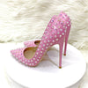 Heelgoo Shiny Spikes Women Patent Pink Pointy Toe Sexy High Heel Party Shoes Rivets Studs Ladies Slip On Stiletto Pumps 8-12cm