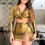 Women Chic Solid Mesh Patchwork Long Sleeves Crop Top French Style Bodycon Sexy Skirt Sets