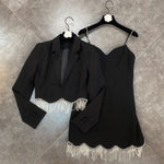 High Quality Autumn 2023 Women&#39;S Diamond Tassel 2 Two-Piece Set Sexy Short Coat + Spaghetti Strap Dress Elegant Party Set