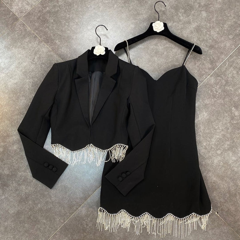 High Quality Autumn 2023 Women&#39;S Diamond Tassel 2 Two-Piece Set Sexy Short Coat + Spaghetti Strap Dress Elegant Party Set