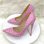 Heelgoo Shiny Spikes Women Patent Pink Pointy Toe Sexy High Heel Party Shoes Rivets Studs Ladies Slip On Stiletto Pumps 8-12cm