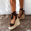 Large Size Beige Heeled Sandals Clogs Wedge 2021 Summer Female Shoe Big Black Platform Girls High Comfort Fashion Back Strap Sca