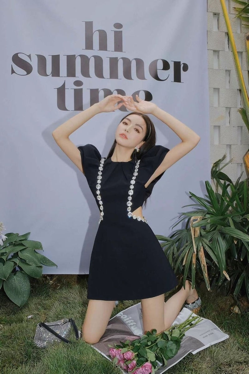 PREPOMP 2022 Summer New Arrival Short Puff Sleeve O Neck High Waist Hollow Out Mini Dress Women GD420