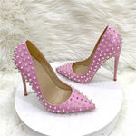 Heelgoo Shiny Spikes Women Patent Pink Pointy Toe Sexy High Heel Party Shoes Rivets Studs Ladies Slip On Stiletto Pumps 8-12cm