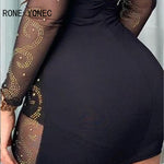 Women Solid Sexy Asymmetrical  Neck Lace Up Hollow Out  Rhinestone Long Sleeves Bodycon Mini Sexy Party Dresses Set