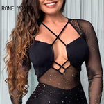 Women Solid Sexy Asymmetrical  Neck Lace Up Hollow Out  Rhinestone Long Sleeves Bodycon Mini Sexy Party Dresses Set