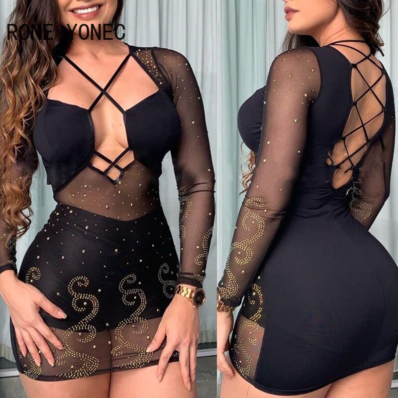 Women Solid Sexy Asymmetrical  Neck Lace Up Hollow Out  Rhinestone Long Sleeves Bodycon Mini Sexy Party Dresses Set