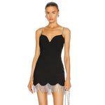 High Quality Autumn 2023 Women&#39;S Diamond Tassel 2 Two-Piece Set Sexy Short Coat + Spaghetti Strap Dress Elegant Party Set