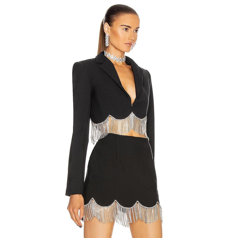Long Sleeve Diamond Tassel Short Jacket Mini Skirt