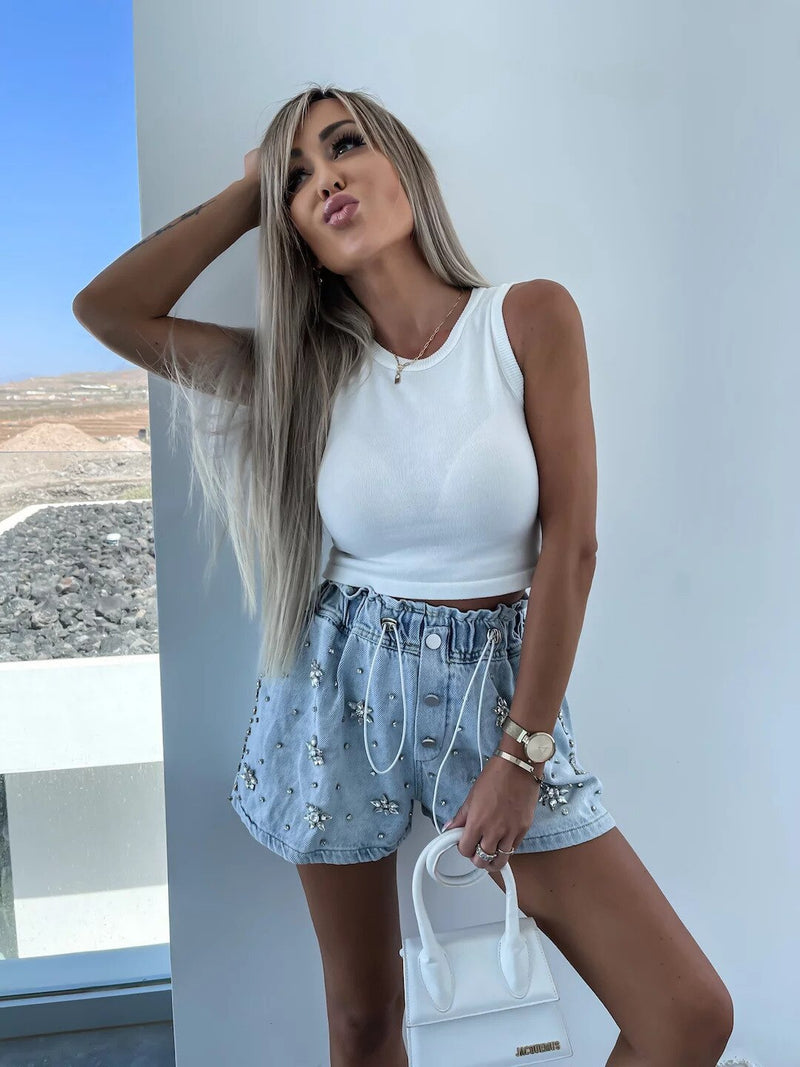 High Waist Fashion Loose Wide Leg Shorts Handmade Beaded 2023 Summer New A-line Exquisite Rhinestone Denim Pants for Women