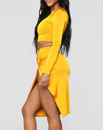Women Solid Color 2pcs Clothes Suit Sexy One Shoulder Crop Top &amp; Twisted High Slit Skirt Set