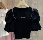 Tops Round Neck Puff Sleeve Chain Decoration T-shirts