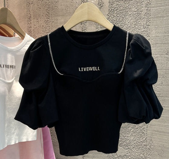 Tops Round Neck Puff Sleeve Chain Decoration T-shirts