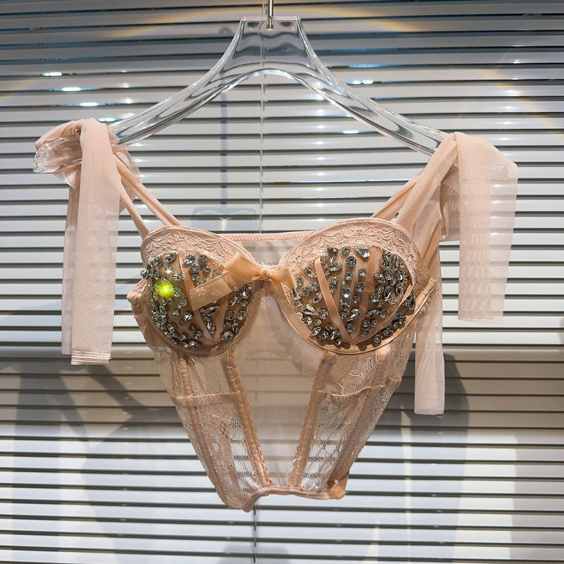 PREPOMP 2023 Summer New Collection Sleeveless Rhinestone Mesh Transparent Chest Pads Slim Sexy Camisole Women Tank Top GK290