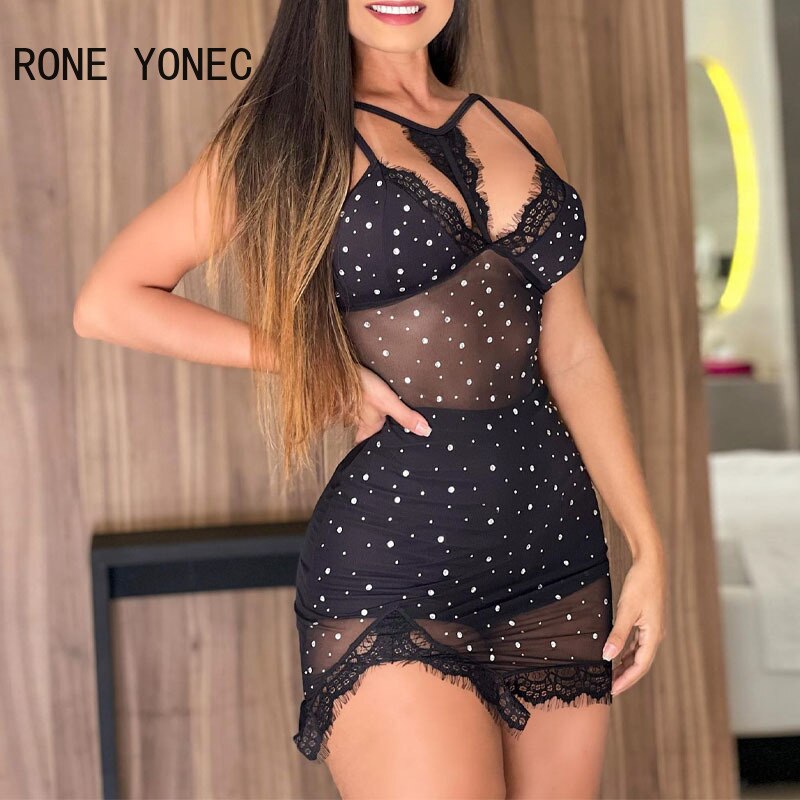 Women Solid Sexy Sleeveless Rhinestone Mesh Lace Patchwork Bodycon Mini Sexy Party Dresses Set
