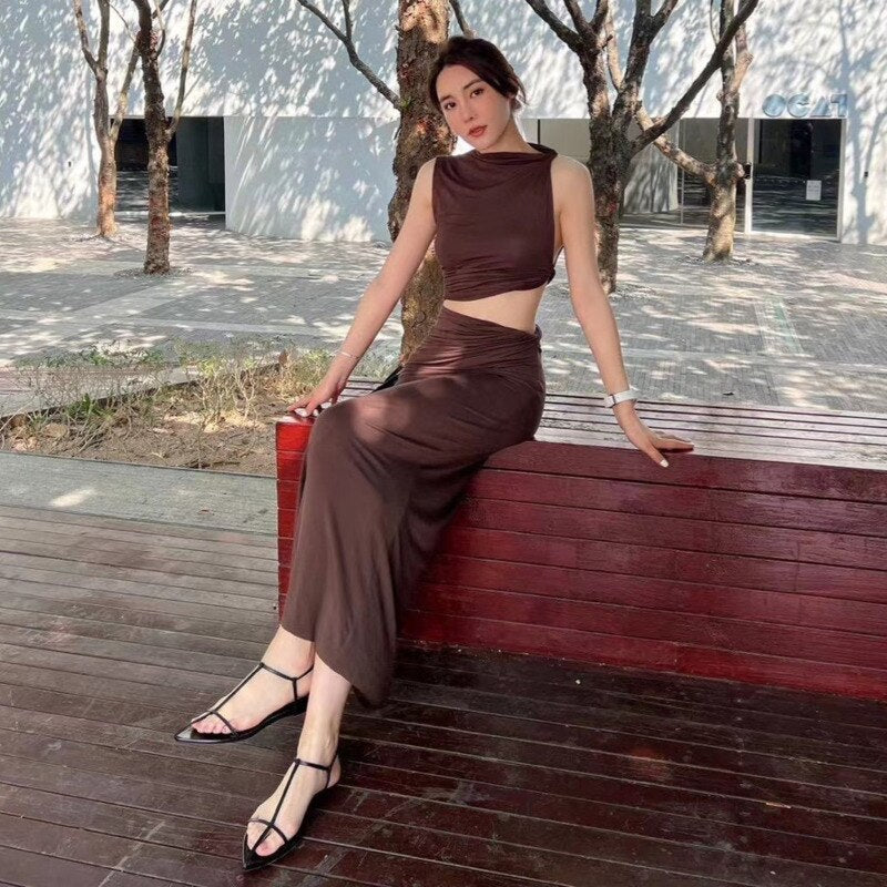 PREPOMP 2023 Summer Sleeveless Skew Collar Ruched Slim Tank Top Vest Distressed Long Slim Skirt Two Piece Set Outfits GK122