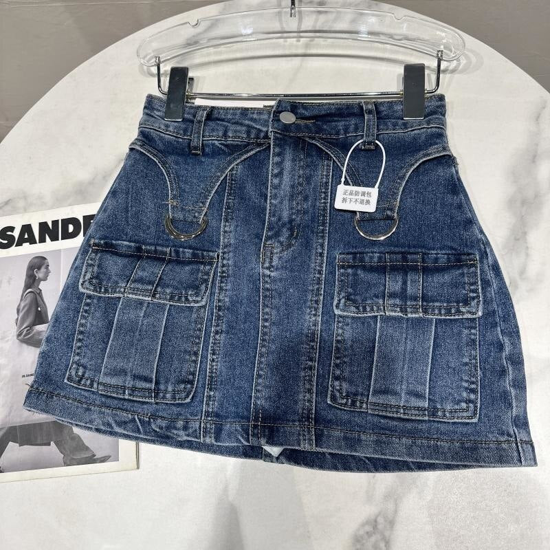 PREPOMP 2023 Spring New Arrival High Waist Double Pockets Slim Bodycon Short Denim Skirt Women GH191