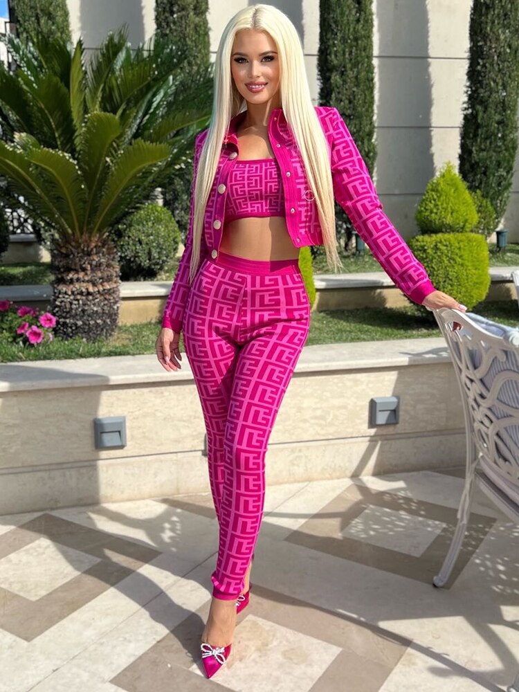 PB Two Pieces Set Women Geometric Jacquard Button Long Sleeve Crop Top Embellished Celebrity Party Bandage Two Pieces Pants Sets