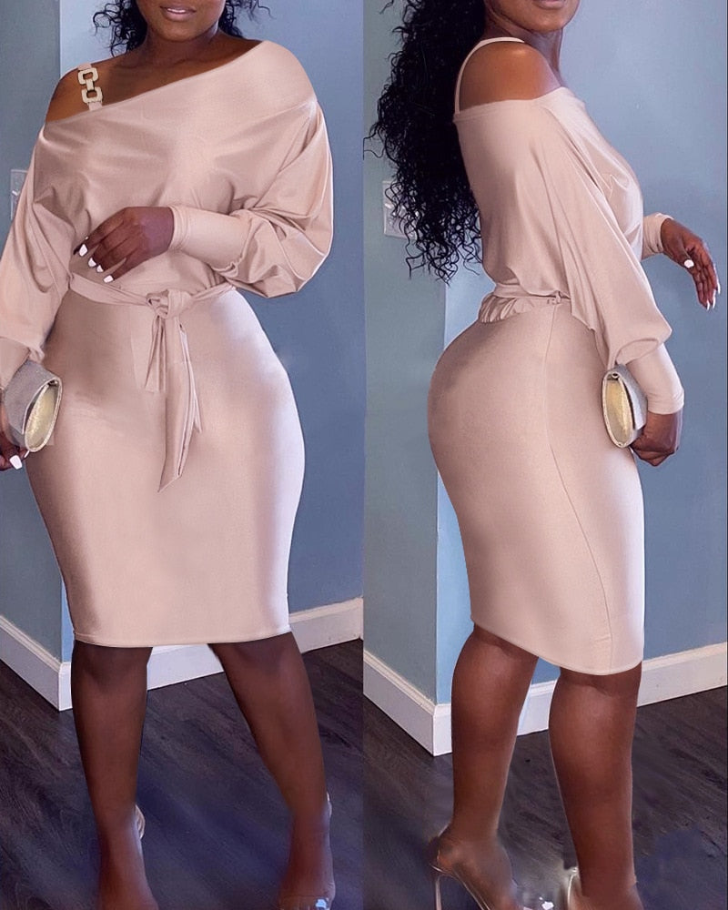 Women Party Evening Mini Dress Long Sleeve Sexy Chain Strap Cold Shoulder Belted Bodycon Dress Casual Fashion Solid Color