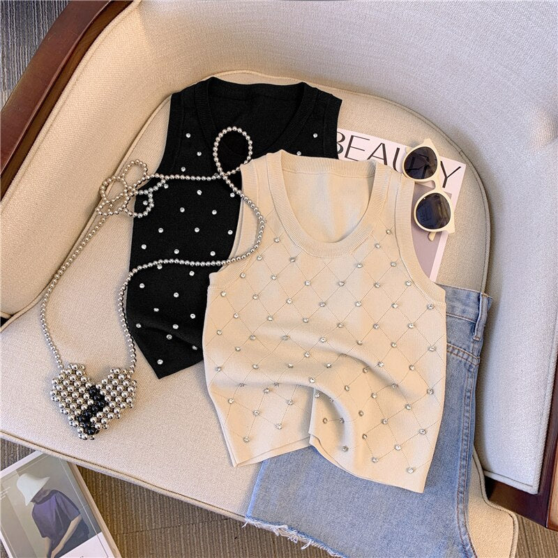 Diamonds Argyle Slim Knit Sweater Vest Women&#39;s Crop Tops 2023 Summer Sleeveless O-neck Knitwear Stylish Fashion Sexy Pullovers