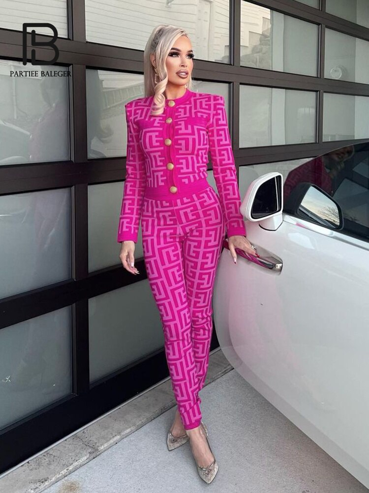 PB Two Pieces Set Women Geometric Jacquard Button Long Sleeve Crop Top Embellished Celebrity Party Bandage Two Pieces Pants Sets