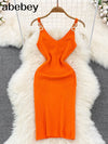 Chain V Neck Summer Knit Sexy Strap Dress Women Tank Elatic Waist Bodycon Sundress Female Beach  Backless Long Dress