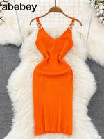 Chain V Neck Summer Knit Sexy Strap Dress Women Tank Elatic Waist Bodycon Sundress Female Beach  Backless Long Dress