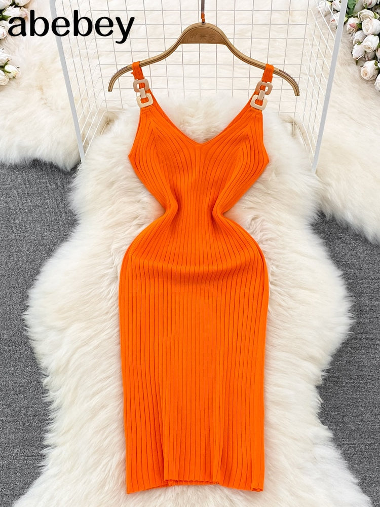 Chain V Neck Summer Knit Sexy Strap Dress Women Tank Elatic Waist Bodycon Sundress Female Beach  Backless Long Dress
