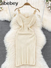 Chain V Neck Summer Knit Sexy Strap Dress Women Tank Elatic Waist Bodycon Sundress Female Beach  Backless Long Dress