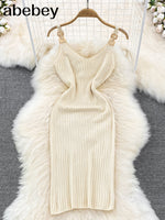Chain V Neck Summer Knit Sexy Strap Dress Women Tank Elatic Waist Bodycon Sundress Female Beach  Backless Long Dress