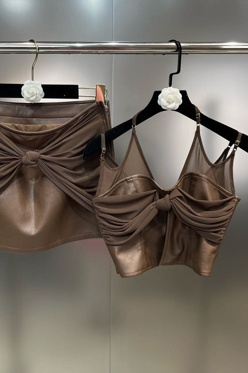 PREPOMP 2023 Summer New Collection Sleeveless V Neck Halter Ruched Camisole Pu Short Skirt Two Piece Set Outfits GK500