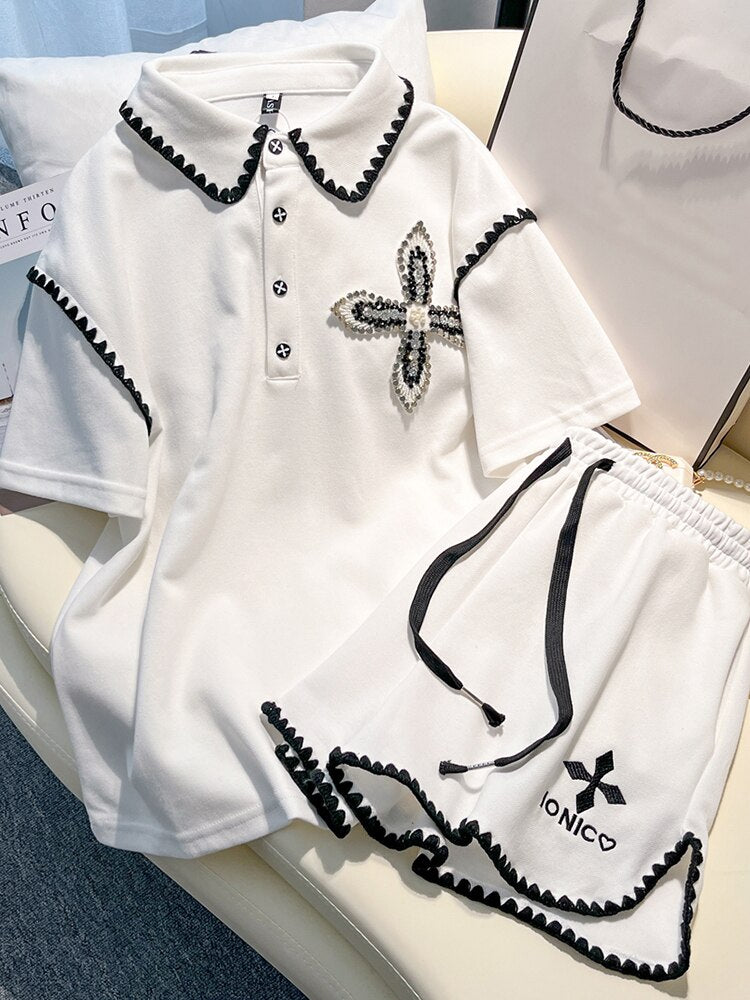 Cotton Shorts Two Piece Set For Women conjuntos de pantalón 2023 Summer Handwork Nail bead Rhinestone Lapel Tops Pants Suit