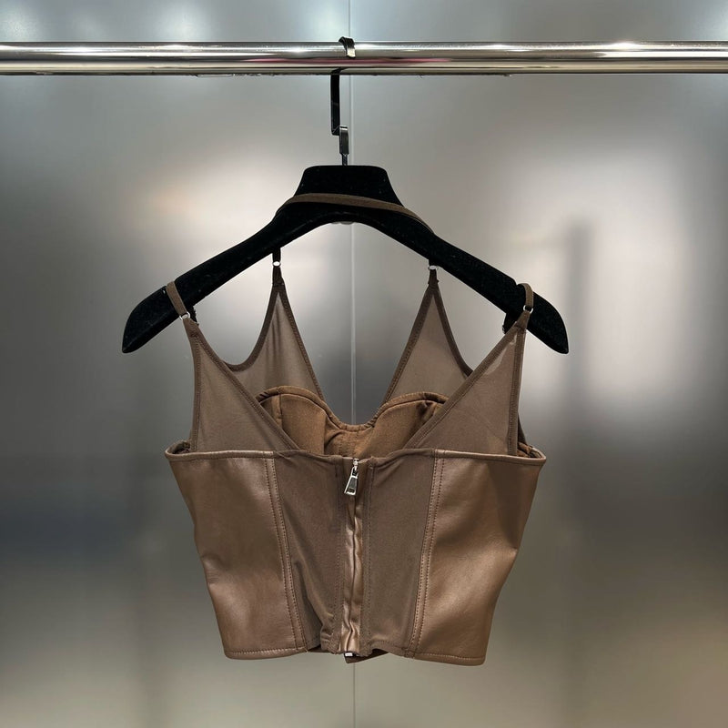 PREPOMP 2023 Summer New Collection Sleeveless V Neck Halter Ruched Camisole Pu Short Skirt Two Piece Set Outfits GK500