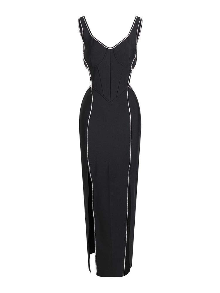 Sexy V-neck Hollow out Diamond Split Bandage Dress Elegant Black Sleeveless Crystal Long Bodycon Dress Celebrity Party Club Dres