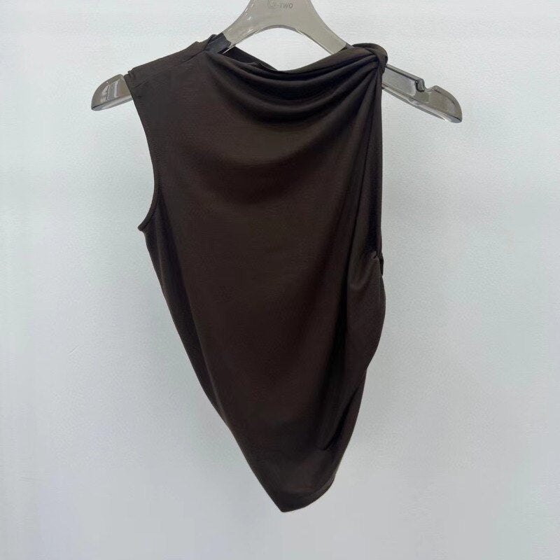 PREPOMP 2023 Summer Sleeveless Skew Collar Ruched Slim Tank Top Vest Distressed Long Slim Skirt Two Piece Set Outfits GK122