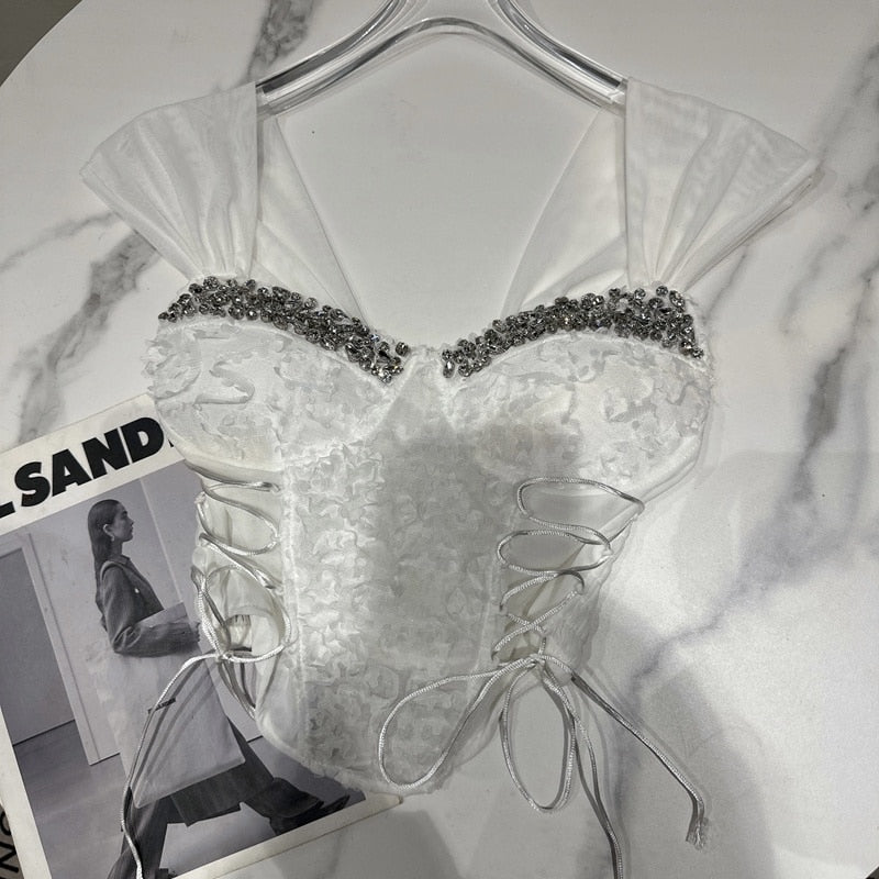 PREPOMP 2023 Summer New Collection Sleeveless Rhienstone Mesh Slim Waist Bandage Chest Pads Slim Tank Top Women Camisole GK276