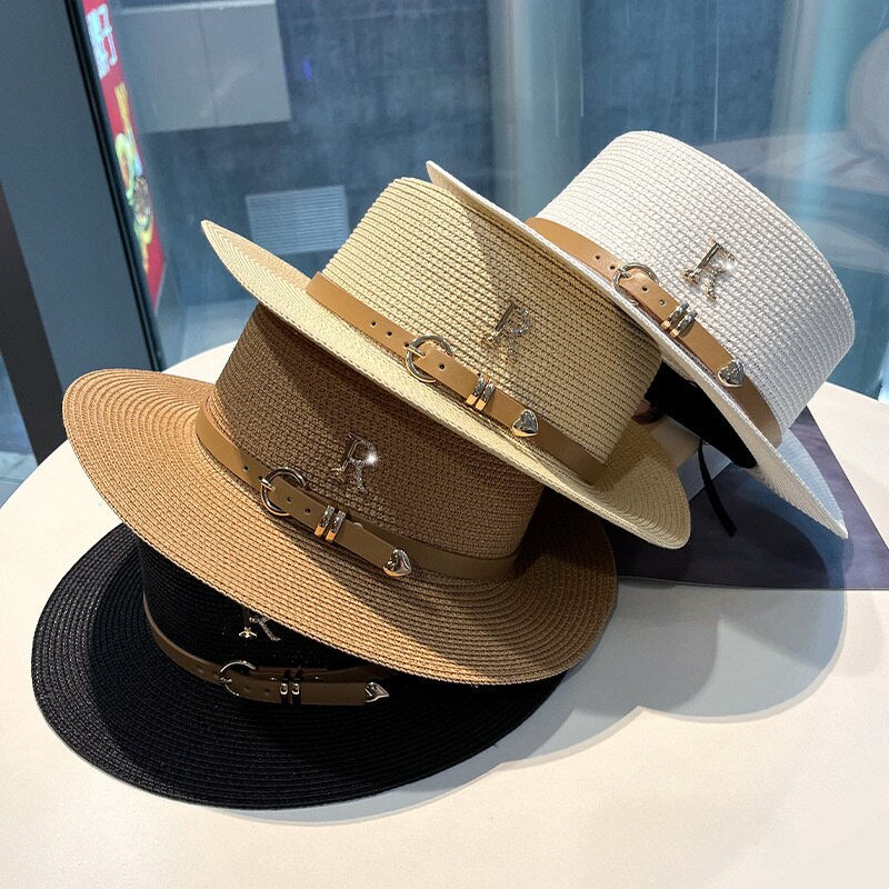 2023 New Metal R Letter Buckle Straw Hat Leisure Summer Sunscreen Hat Women&#39;s Fashionable Beach Hat Vintage Hat Church Hats