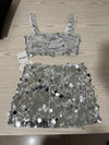 PREPOMP 2023 Summer Square Collar Sleeveless Silver Sequins Vest Women Crop Top Short Skirt Two Piece Set Women Outfits GH550