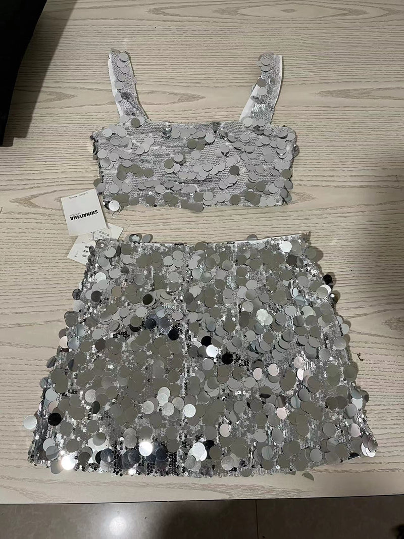 PREPOMP 2023 Summer Square Collar Sleeveless Silver Sequins Vest Women Crop Top Short Skirt Two Piece Set Women Outfits GH550