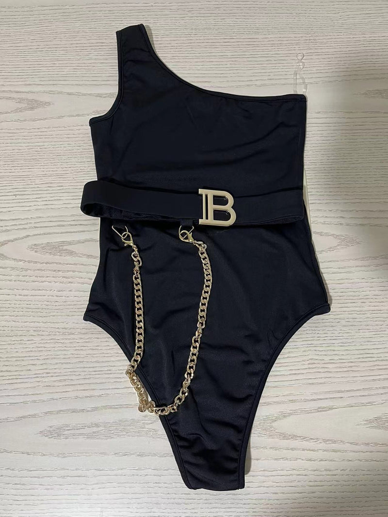 PREPOMP 2022 Summer New Arrivals Sleeveless Single Shoulder Metal Chain Letter Belt Sexy Black Slim Bodysuits Women GF315