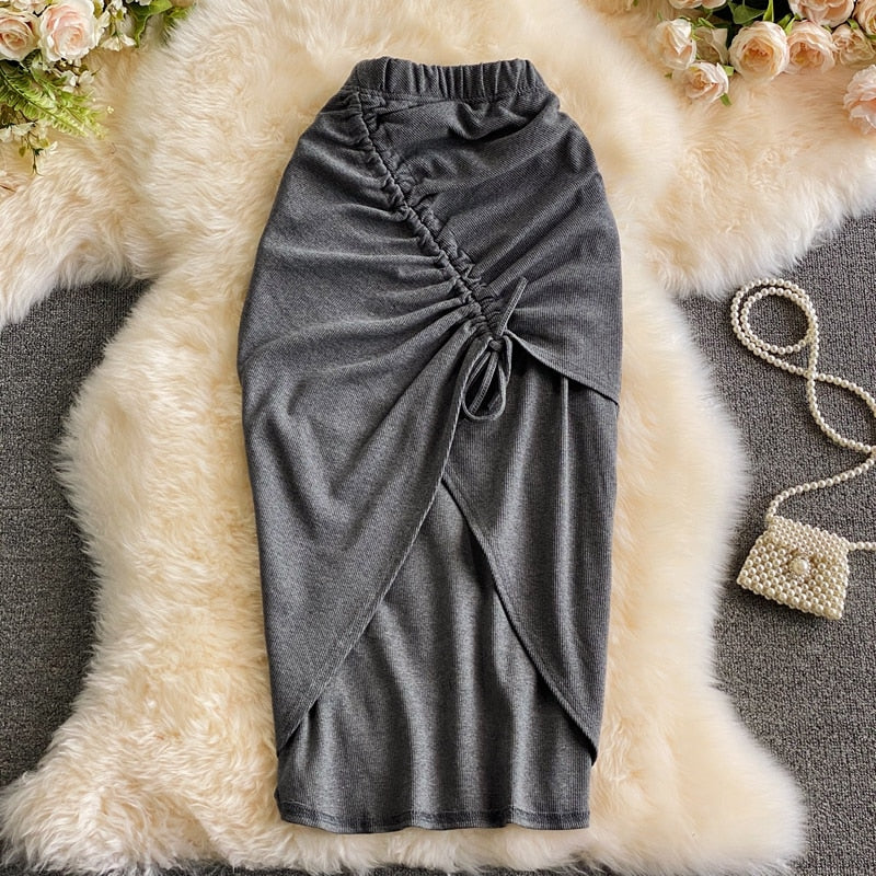 Women Elastic Waist Pencil Skirt Girls Sexy Solid Slim Irregular Draw String Stretchy Cotton Skirts