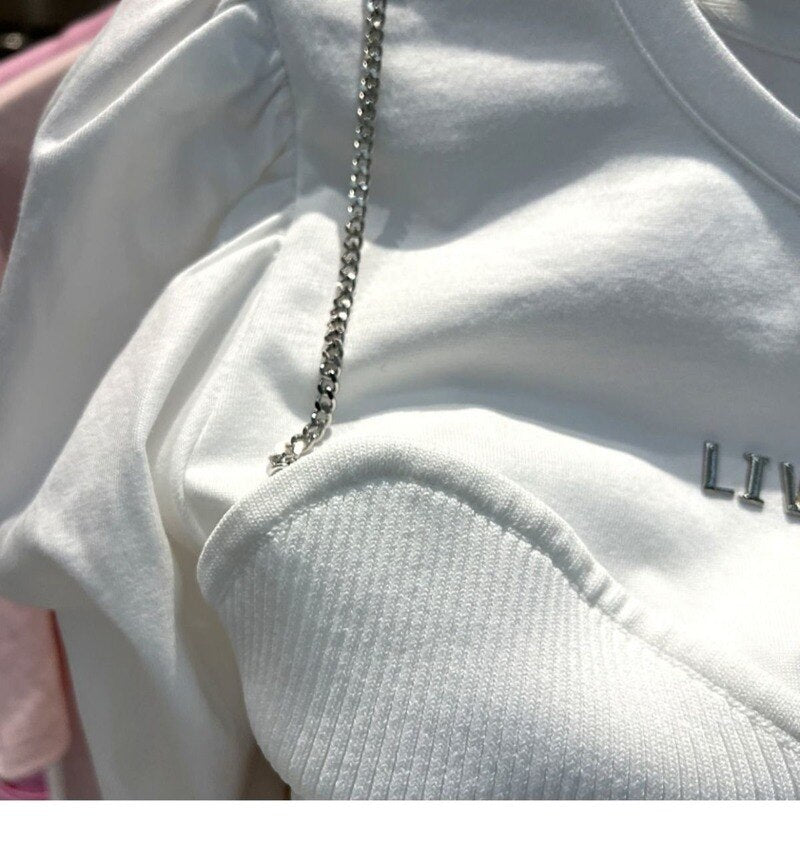 Tops Round Neck Puff Sleeve Chain Decoration T-shirts